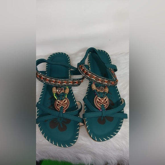 Size 43 or 10 Turquoise Embellished Sandals with Beads, Stitching and Crystalst - Picture 1 of 4
